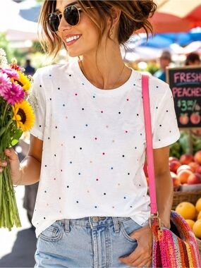 Women’s White Polka Dot Tee - Casual Short Sleeve Top
